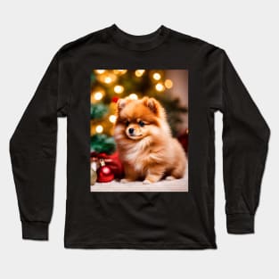 Tiny Pomeranian Puppy Dog by Christmas Tree Long Sleeve T-Shirt